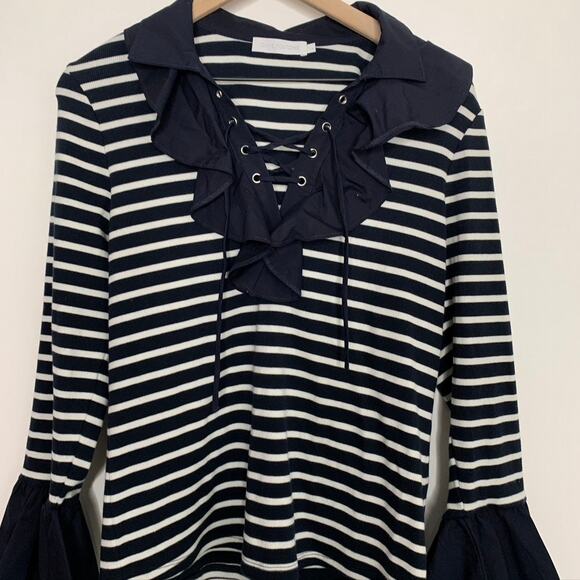 Anne Fontaine Coquillage Striped Bell-Sleeve Ruffle Top - Picture 5 of 16